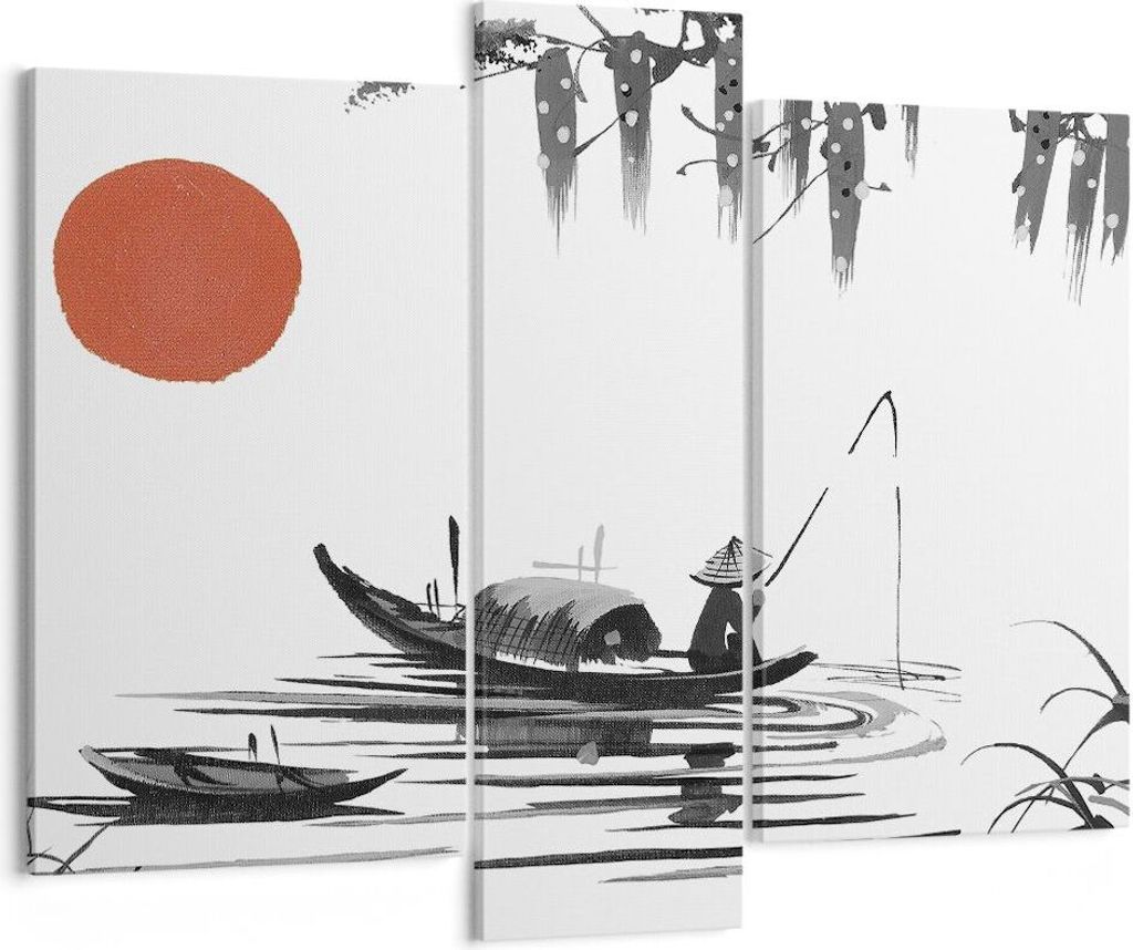 Bild auf Leinwand - Leinwandbild - 3 Teile - China Angler Zeichnen - 95x80cm - Wand Bild - Wanddeko - Wandbilder - Leinwanddruck - Bilder - Wanddek...