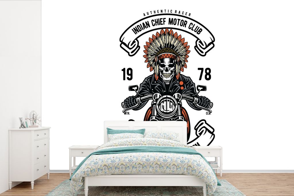 MuchoWow Fototapete für Wohnzimmer oder Schlafzimmer Wandtapete Vinyl Motivtapete Skelett - Motor - Indianerzeichen - Vintage - 600x400 cm - Vin...