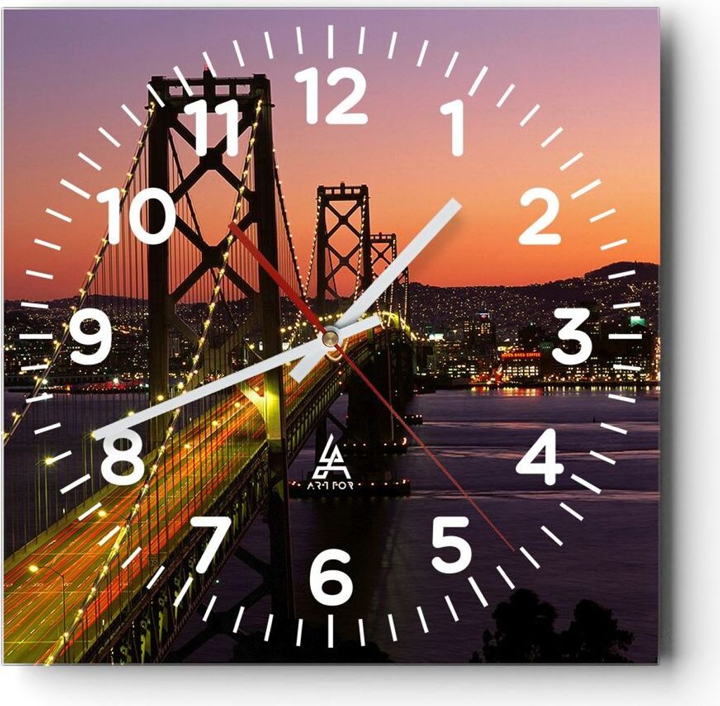 Wanduhr - Quadrat - Glasuhr - Brücke Fluss Landschaft - 40x40cm - Schleichendes Uhrwerk - Lautlos - zum Aufhängen bereit - Dekoration Modern - Wa...