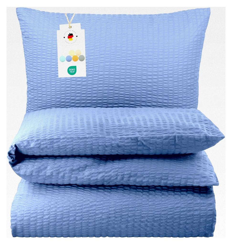 Seersucker Bettwäsche 135x200 aus Baumwolle | Kühlender Sommer Bettbezug 135 x 200 | Leichte Bügelfreie Bettwäsche in Blau