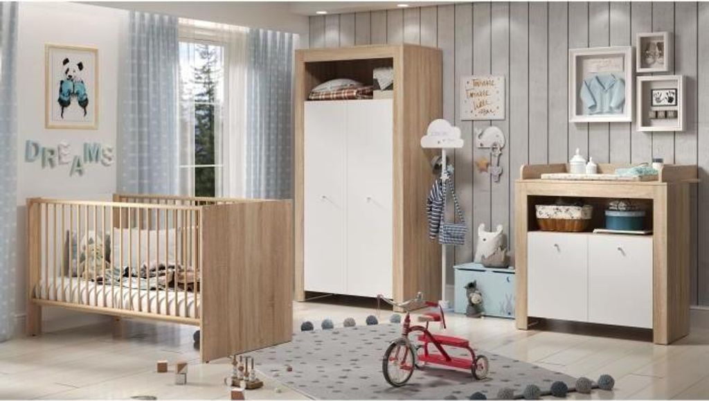 Babyzimmer Trio, 70x140 cm Bett, Kommode mit 2 Türen, Kleiderschrank mit 2 Türen, Sonoma Eiche und Matt Weiß