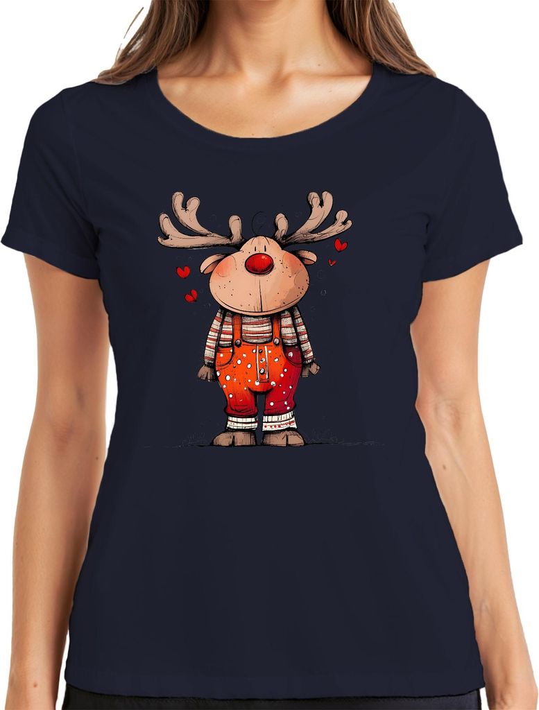 Rudolf Rentier Weihnachten Latzhose Herzen Niedlich Retro Damen T-Shirt, Navy, 3XL