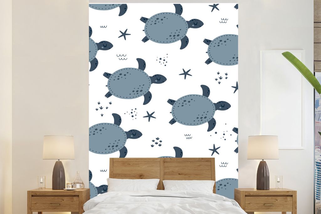 MuchoWow Fototapete für Wohnzimmer oder Schlafzimmer Wandtapete Vinyl Motivtapete Muster - Schildkröte - Schwimmen - 200x300 cm - Wanddekorationen