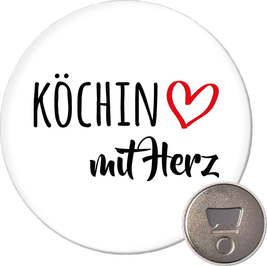 Huuraa Magnet Köchin mit Herz 59mm Kühlschrankmagnet rund Flaschenöffner Geschenkidee