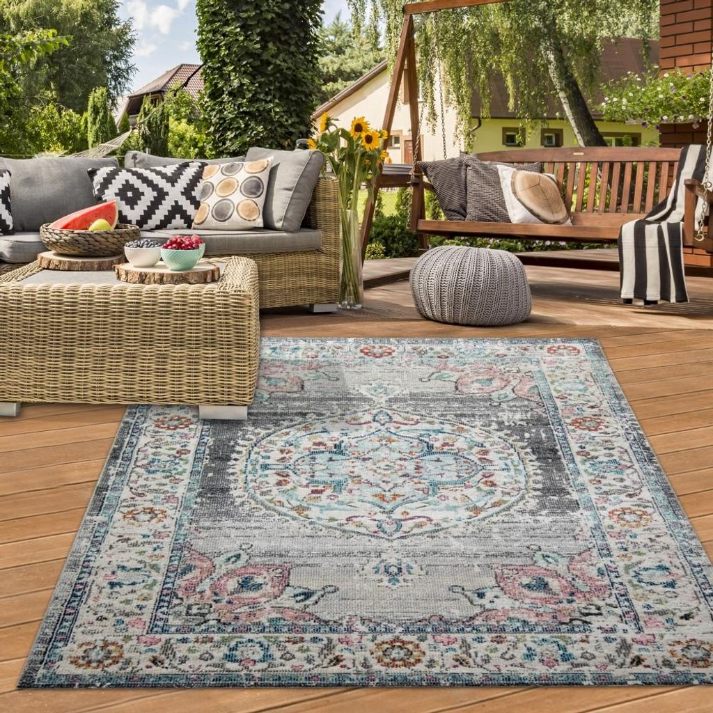 Teppich Orient Teppich Outdoor Wohnzimmerteppich Vintage in grau blau Größe - 240 x 340 cm