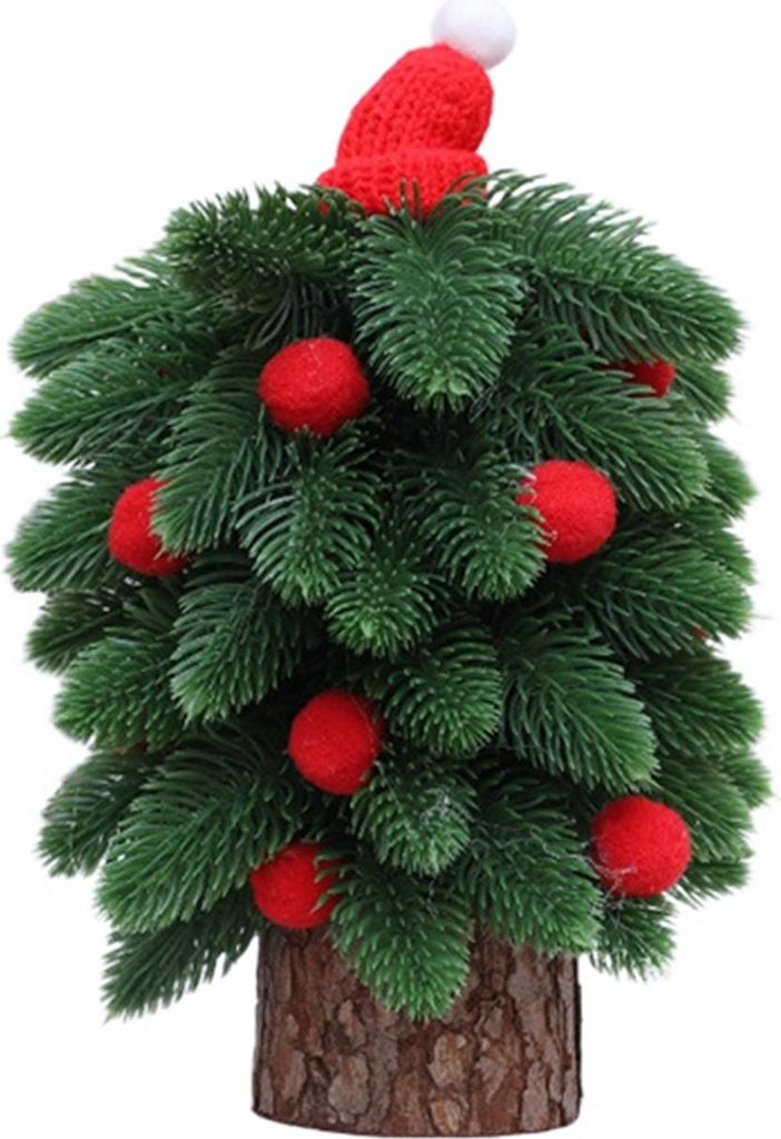 Mini-Tischweihnachtsbaum, kleine künstliche Kiefer mit Holzsockel und roten Kugeln für die Innendekoration von Zuhause, Küche und Esstisch