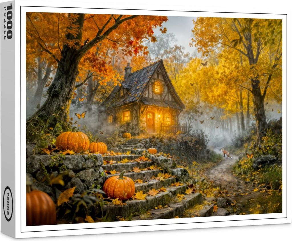 raxxa Premium-Puzzle "Autumn Forest Cottage with forest animals and Mushrooms Artwork", 1000 Teile