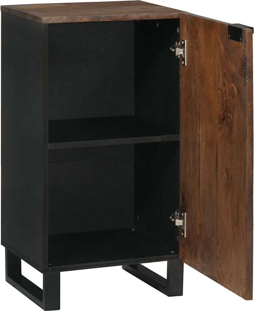 A close-up, front-facing view of an open cabinet with a wooden door.