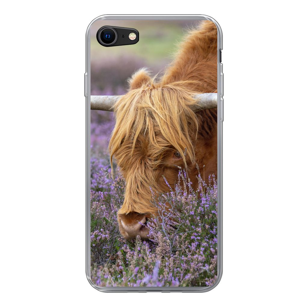 MuchoWow Handyhülle Schutzhülle Hülle für iPhone SE 2020 Schottischer Highlander - Tiere - Heide Silikon Softcase Handy Hülle - Kartenbesitzer
