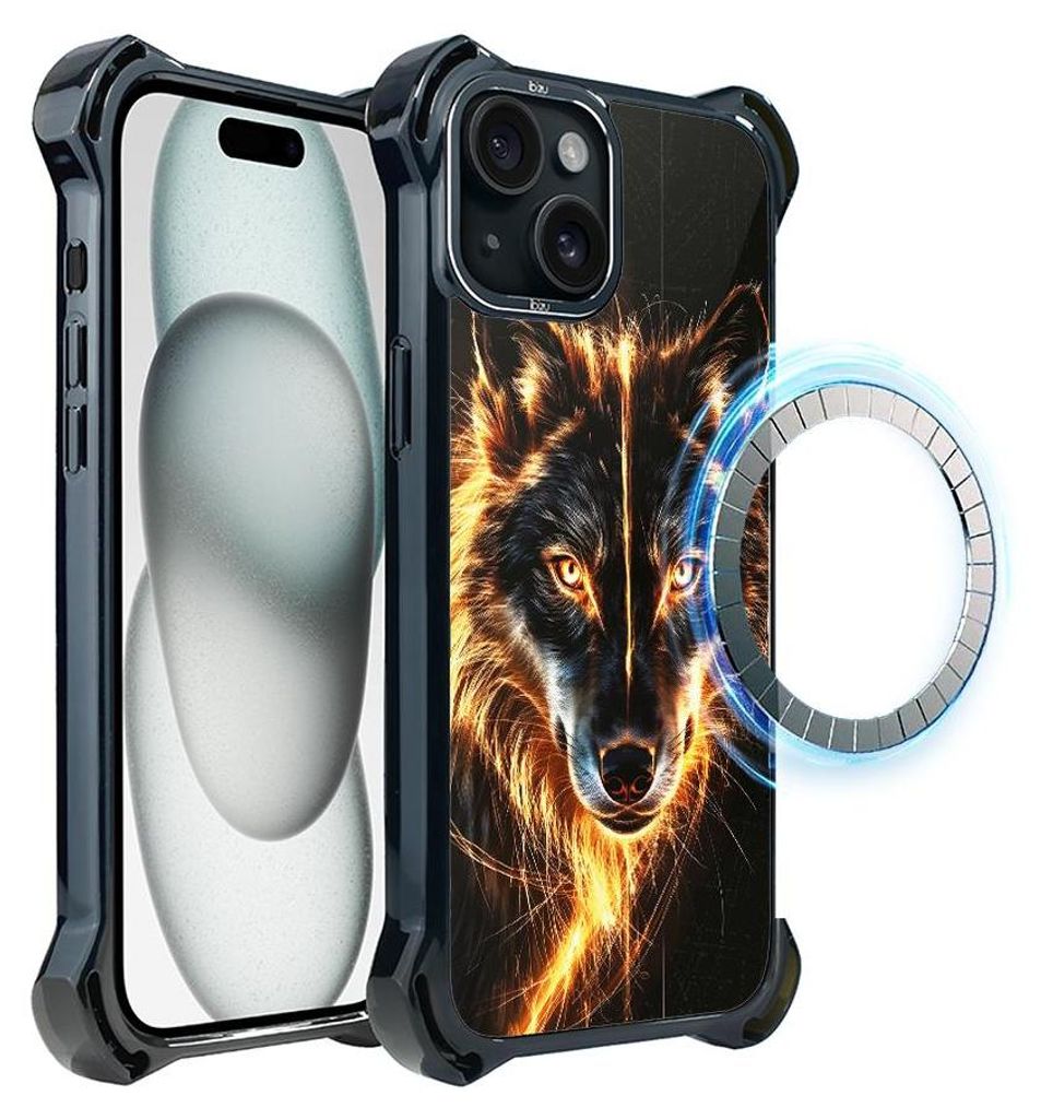 Schutzhülle für das iPhone 15 Plus, MagSafe-kompatibel, verstärkte Ecken, schwarz, Wolf, Feuer