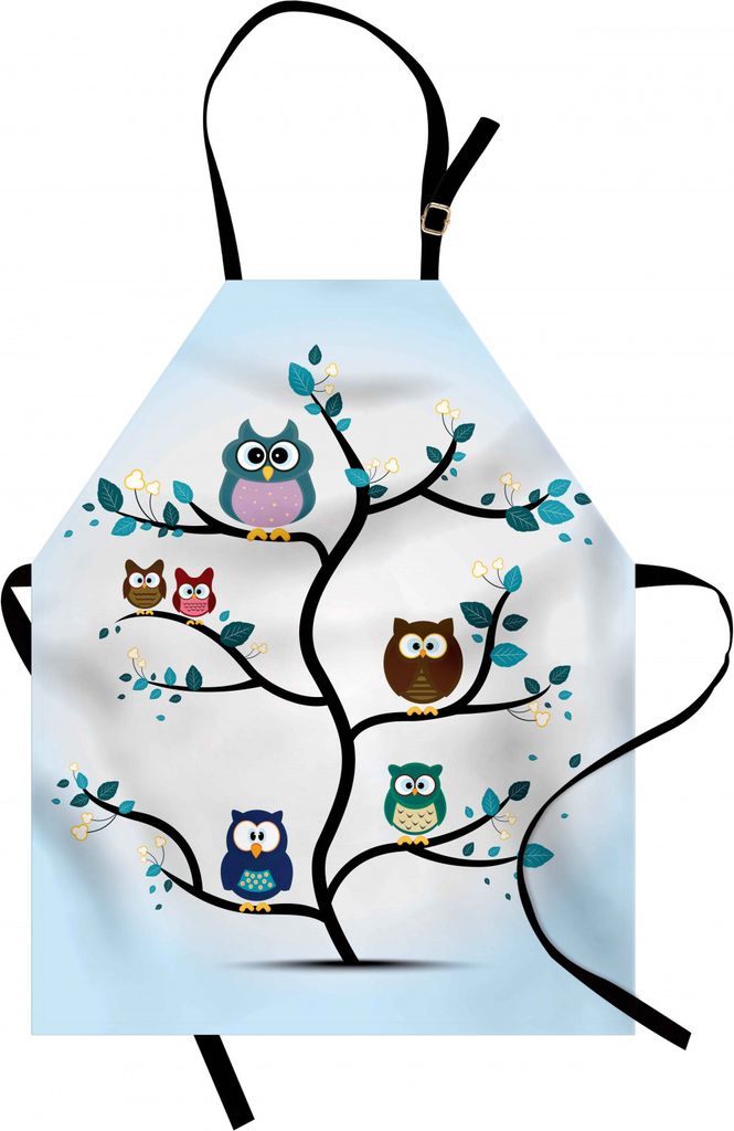 ABAKUHAUS Eule Kochschürze, Eulen-Familie thront auf Einem Baum Love Grace Nachtaugentiere im Natur-Print, Farbfest Höhenverstellbar Waschbar Kla...