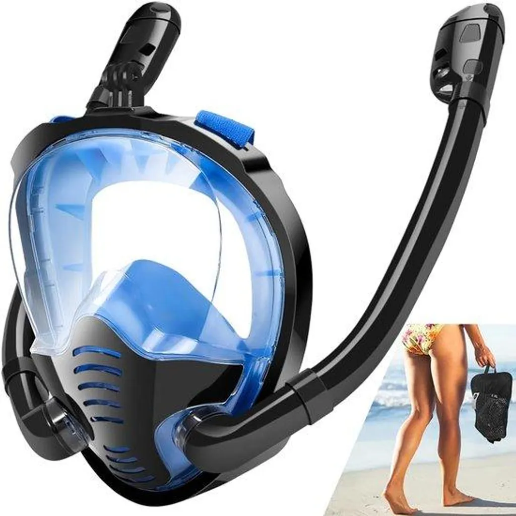 Masque de plongée intégral 180° à double tuyau d'air - Bleu et Noir