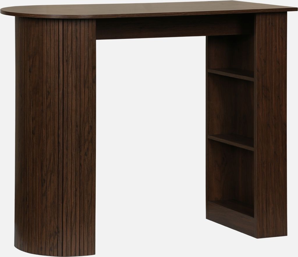 A dark wood-effect bar table with a curved front and shelving on one side, presented against a plain white background.