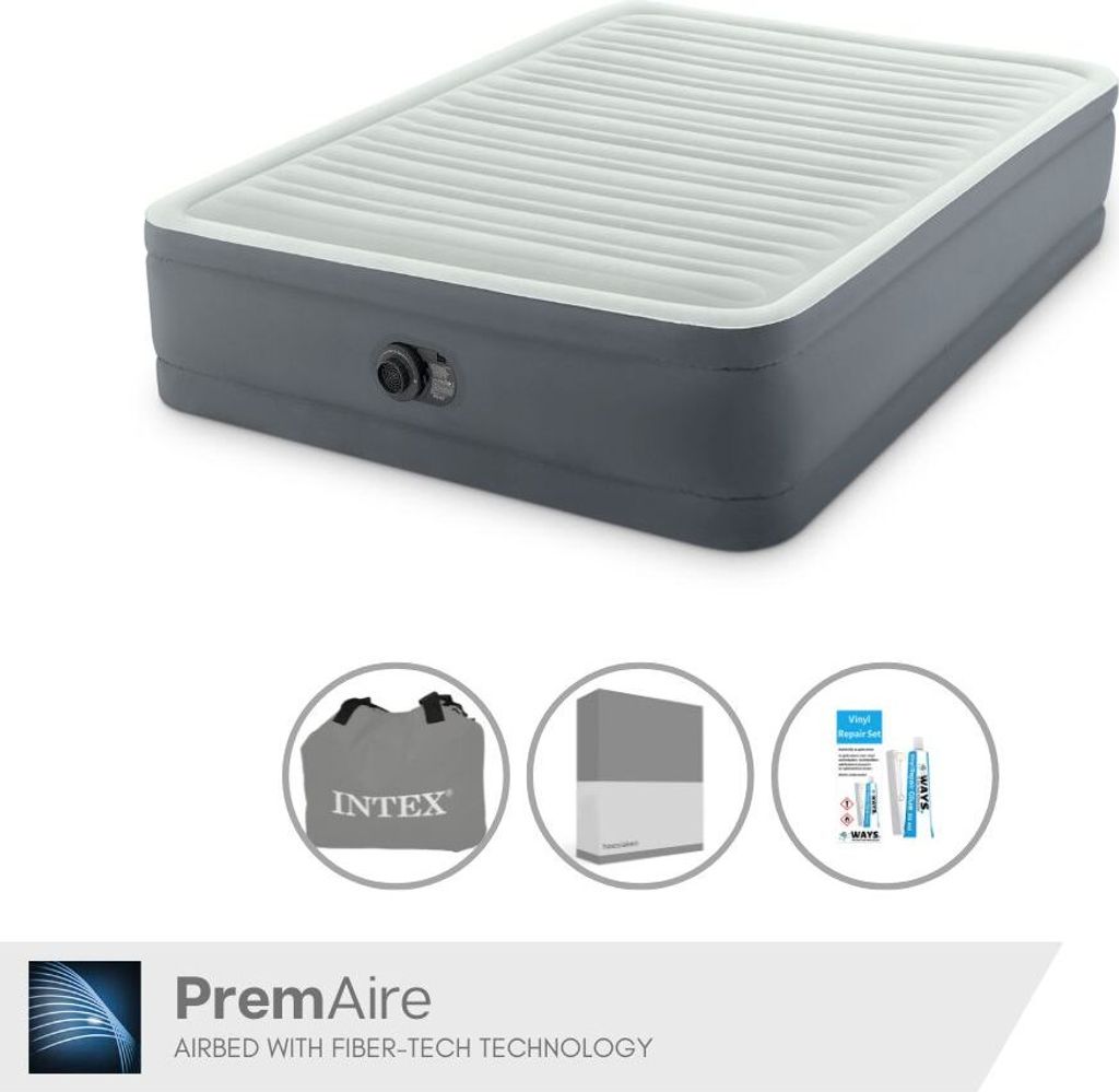 Intex Luftbett - 2 Personen - 152 x 203 x 46 cm - Grau - Mit Pumpe + Spannbettlaken Anthrazit + Reperaturset