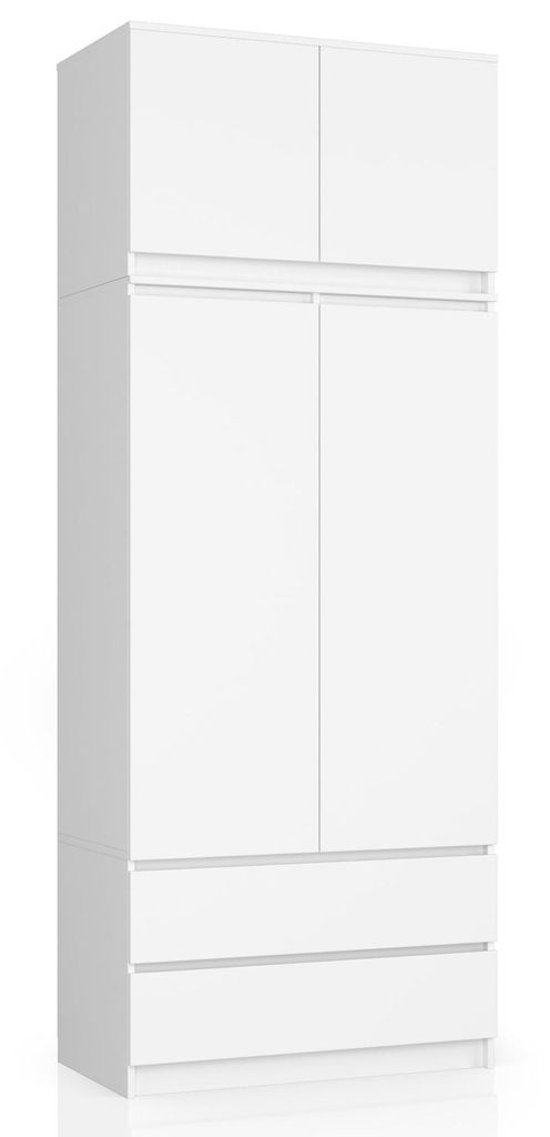 Kleiderschrank – Schlafzimmerschrank – Schrank mit Kleiderstange – Weiß Matt – 90 cm – Erweiterbarer Drehtürenschrank mit Aufsatz und 2...
