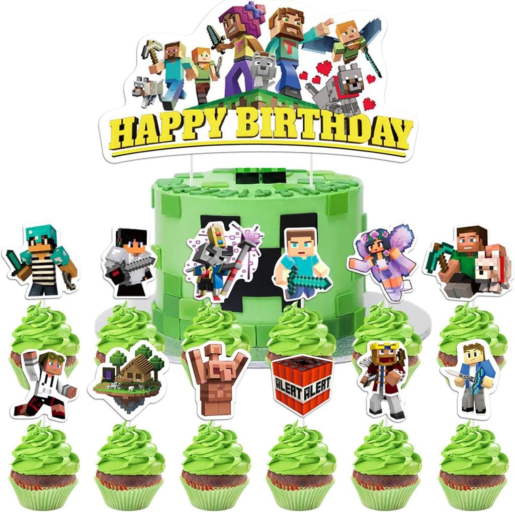 Yogarth Pack 25 Pixe Cake Decoration Jungen, Videospiel Kindergeburtstag, Topper -Set, Happy Birthday Boys Party Supplies (D)