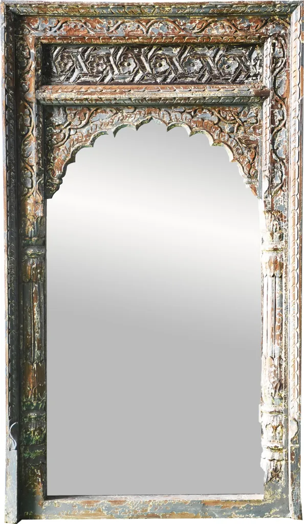 Miroir oriental Inara Gris vintage - Cadre sculpté effet vieilli 50cm