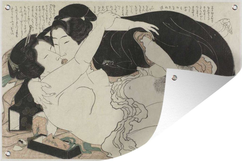 MuchoWow 60x40 cm Outdoor-Poster Gartendeko Sichtschutz Garten Poster für den Garten Witwe und junger Mann - Gemälde von Katsushika Hokusai