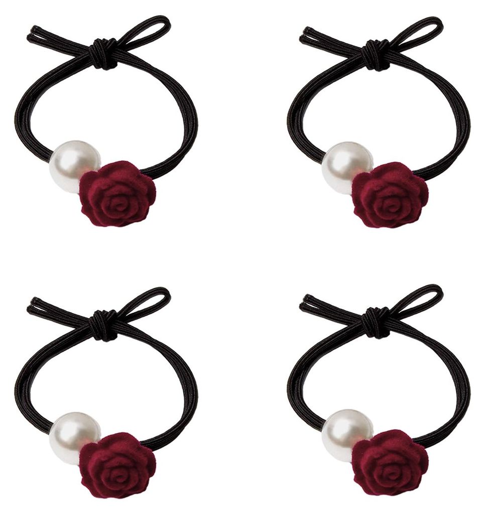 4er-Pack Haargummis mit Rosenblüten- und Imitationsperlenverzierung, weich, abriebfest und hochelastisch.