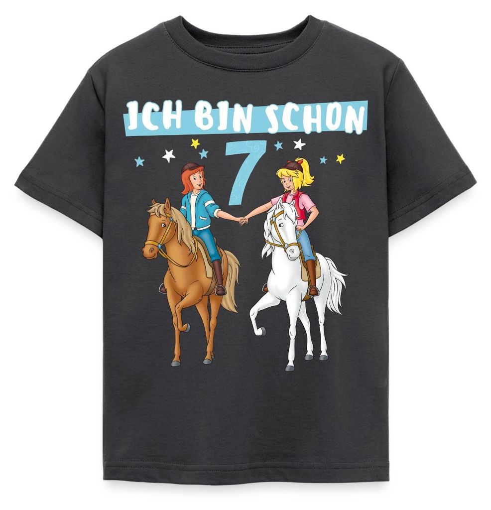 Spreadshirt Bibi & Tina Geburtstag Ich Bin Schon Sieben Kinder T-Shirt, 98/104 (3-4 Jahre), Dunkelgrau