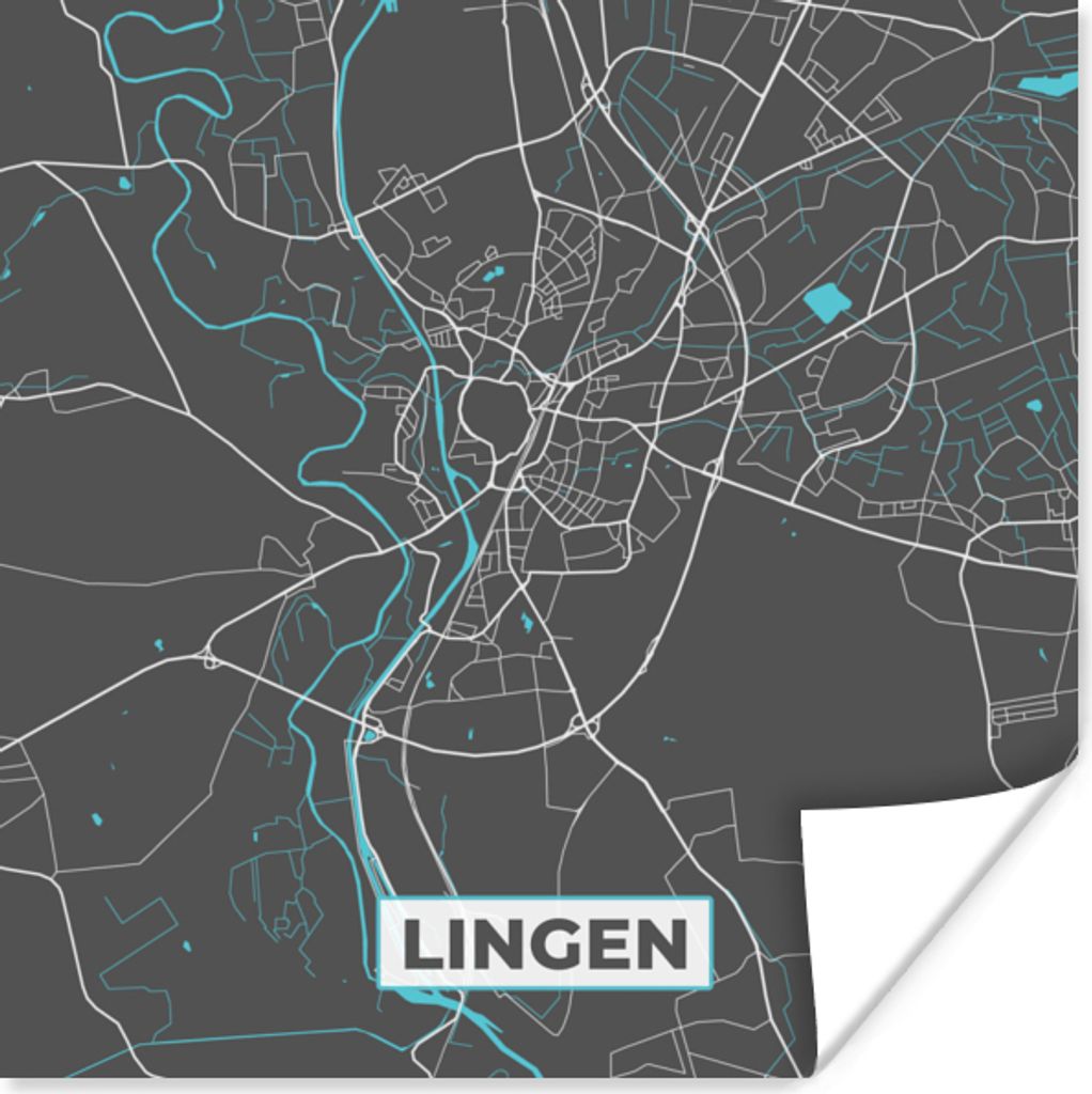MuchoWow Poster Karte - Lingen - Blau - Stadtplan - Deutschland 50x50 cm - Wohnzimmerdekoration