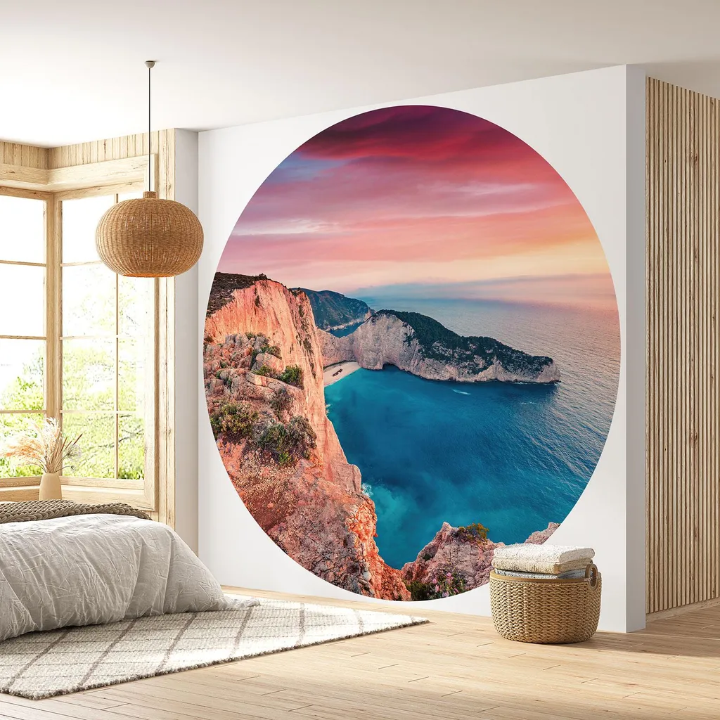 Décoration murale ronde Plage Navagio Grèce - Papier peint cercle 90 cm