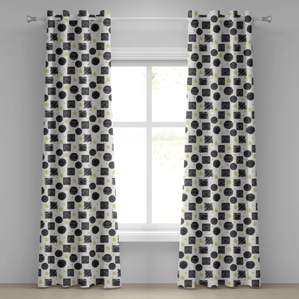 ABAKUHAUS Tenda con occhielli nera e gialla, motivo artistico scarabocchiato con cerchi, quadrati e stelle, scarabocchi geometrici, tende decorative a 2 pannelli, 280 cm x 245 cm, nero, giallo, bianco