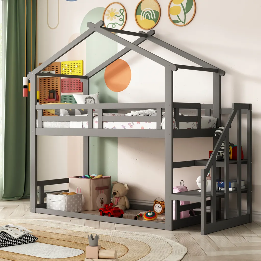Lit superposé en bois massif gris 90x200cm avec escalier et sommiers