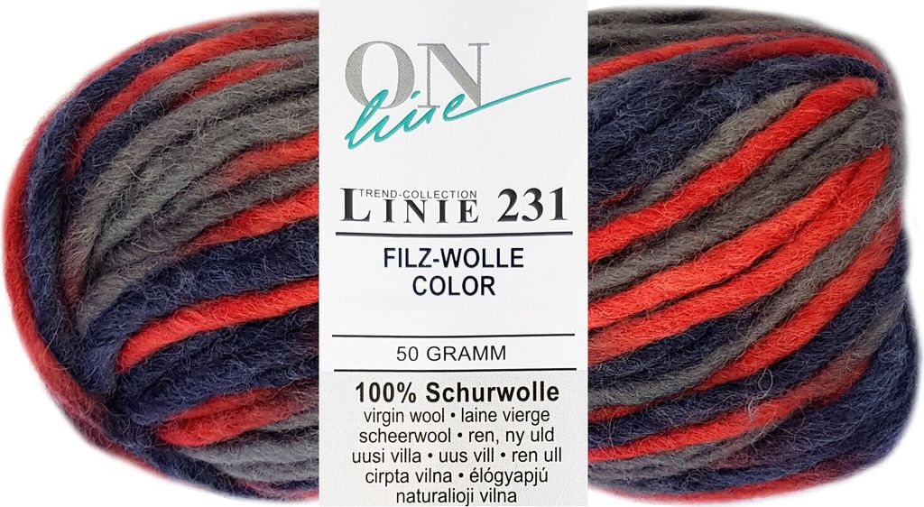 50 Gramm ONline Linie 231 Filzwolle Color 0118 Grau Rot Mix