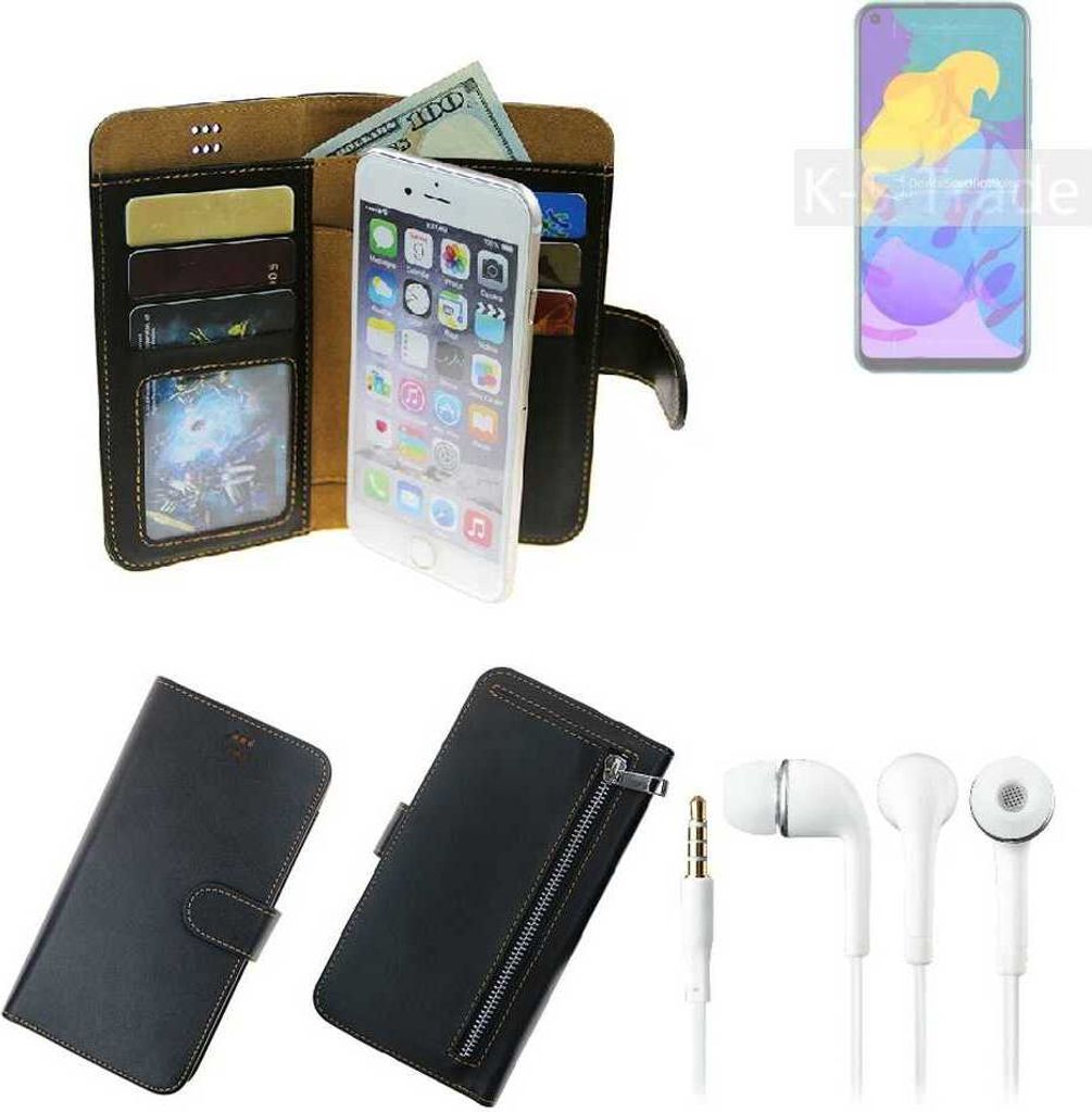 TOP SET Handy Hülle Schutz Hülle kompatibel mit Huawei Honor Play 4T schwarz aus Kunstleder + Kopfhörer Smartphone Tasche vollwertige Geldbörse
