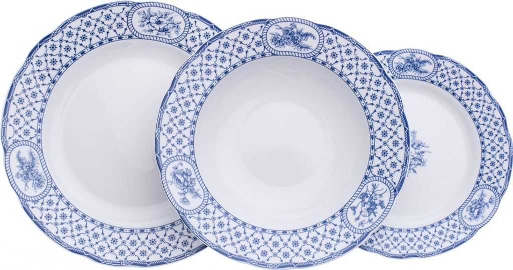 Tellerset, Karlsbader Porzellan, Thun, Rose, blaue Schleife, 18 Stück