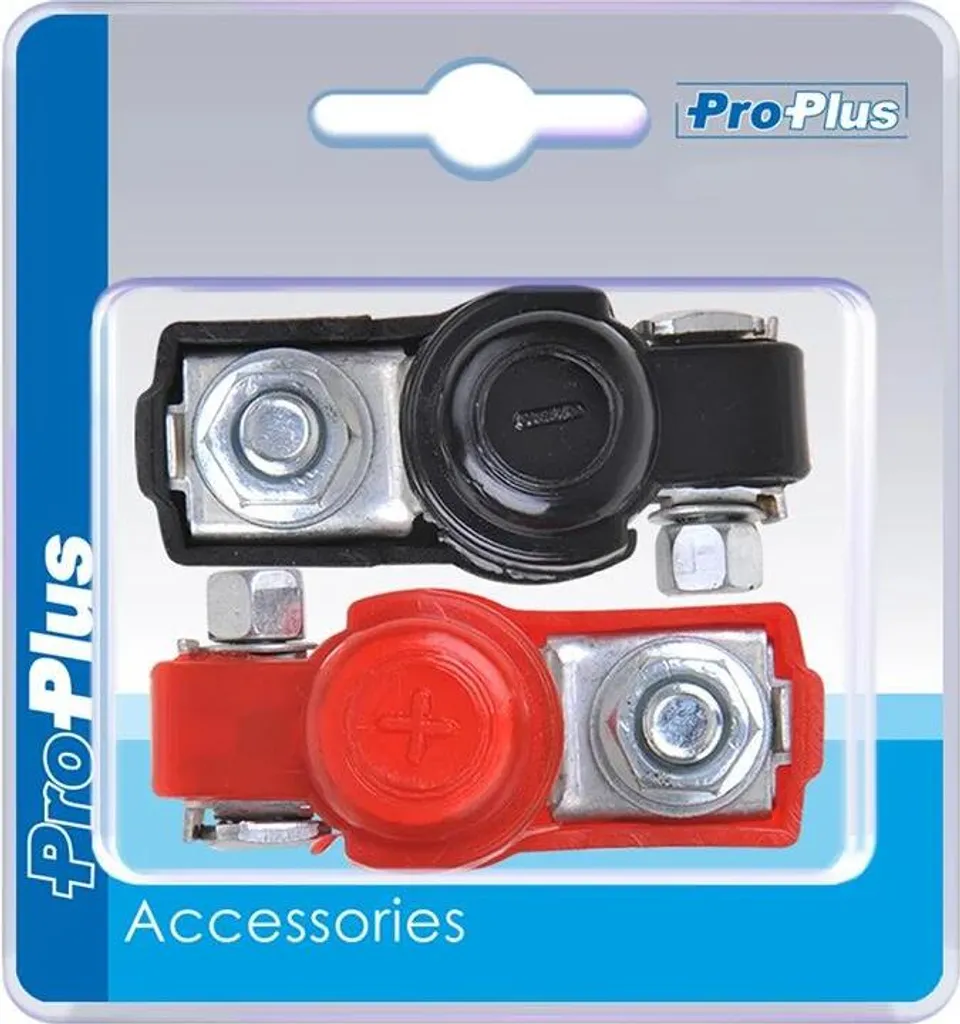 Set morsetti batteria (+) e (-) con protezione in plastica rossa/nera in blister