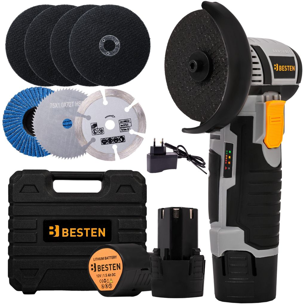 Akku Mini Winkelschleifer 12V, bürstenlos, 75 mm, 2 Akkus, Trennscheiben Set