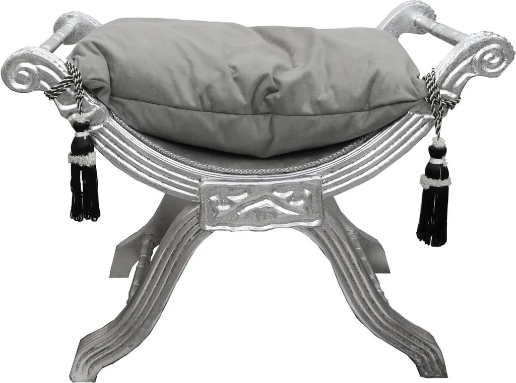 Tabouret Baroque Gris Argenté en Bois avec Assise Rembourrée de Qualité