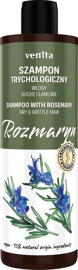 A bottle of Venita shampoo with rosemary for dry and brittle hair.