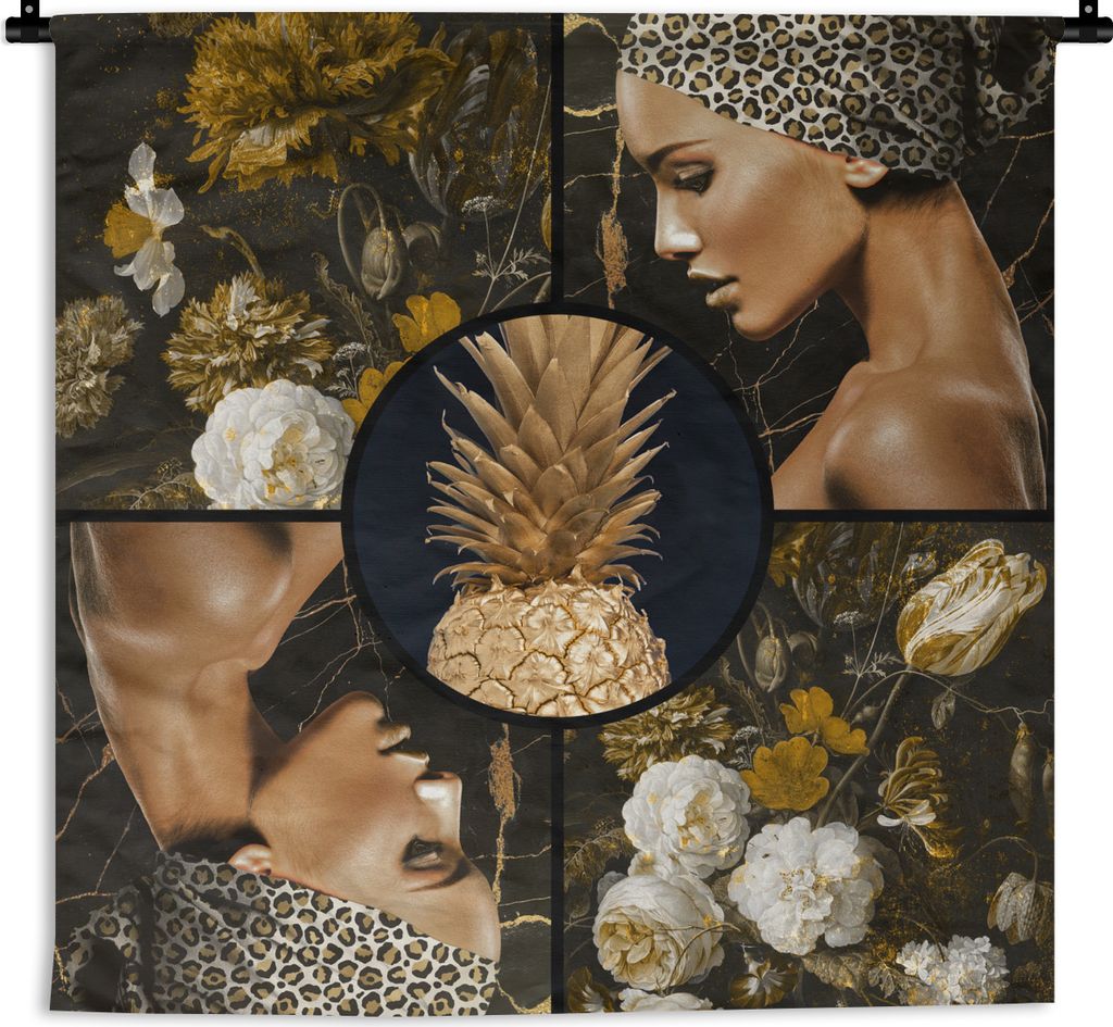 MuchoWow Wandteppich Wandbehang Gold - Schwarz - Frauen - Blumen 150x150 cm Tapisserie Dekoration Wandtuch - Wohnaccessoires - Modernes