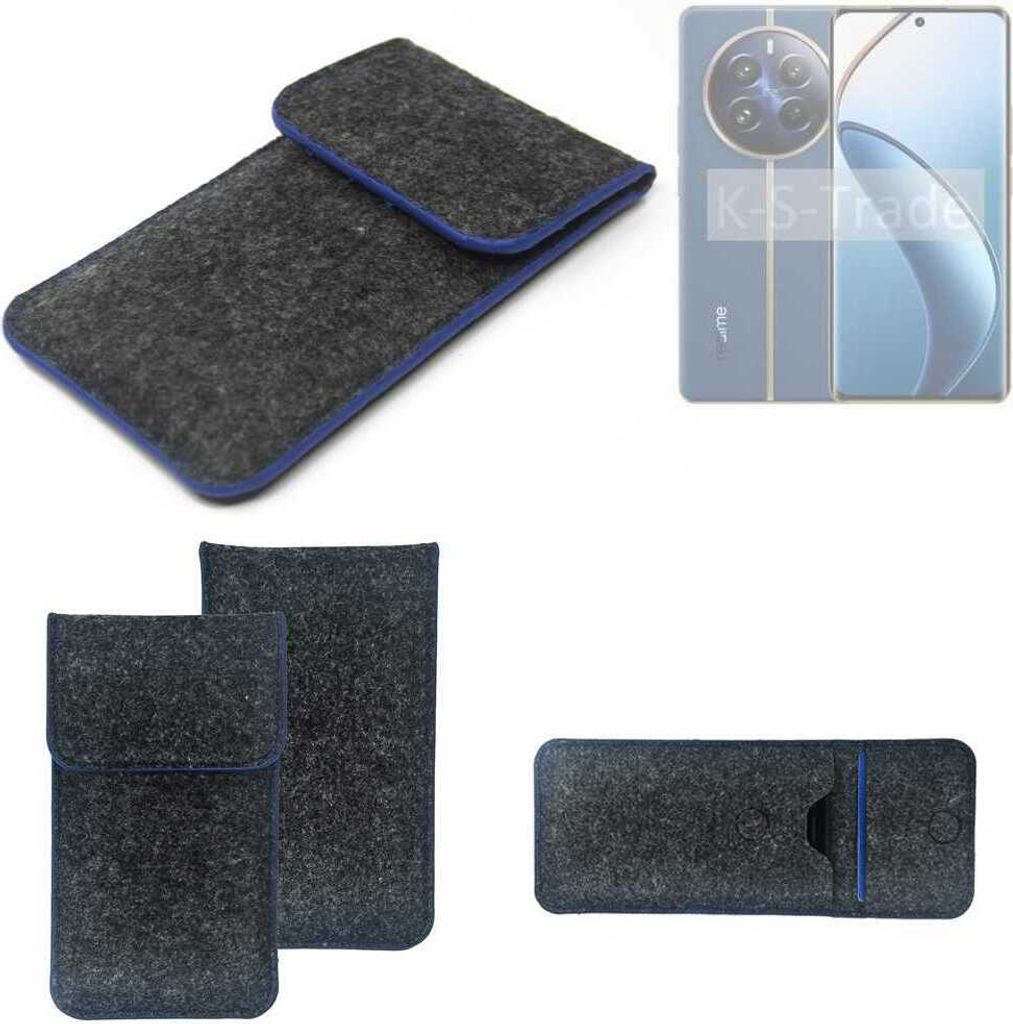 K-S-Trade Handy-Hülle Schutz-Hülle kompatibel mit Realme 12 Pro 5G Filztasche Pouch Tasche Case Sleeve Filzhülle dunkelgrau, blauer Rand