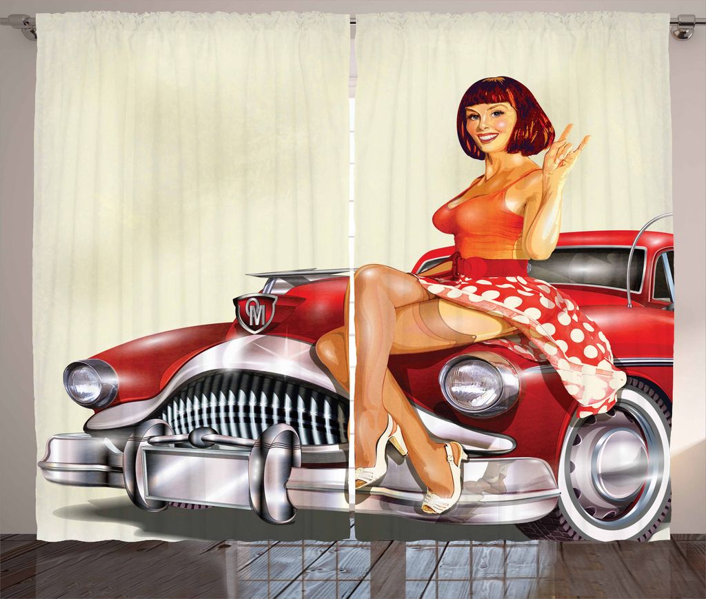ABAKUHAUS Pin up Rustikaler Gardine, Classic Retro-Auto, Schlafzimmer Kräuselband Vorhang mit Schlaufen und Haken, 280 x 175 cm, Mehrfarbig