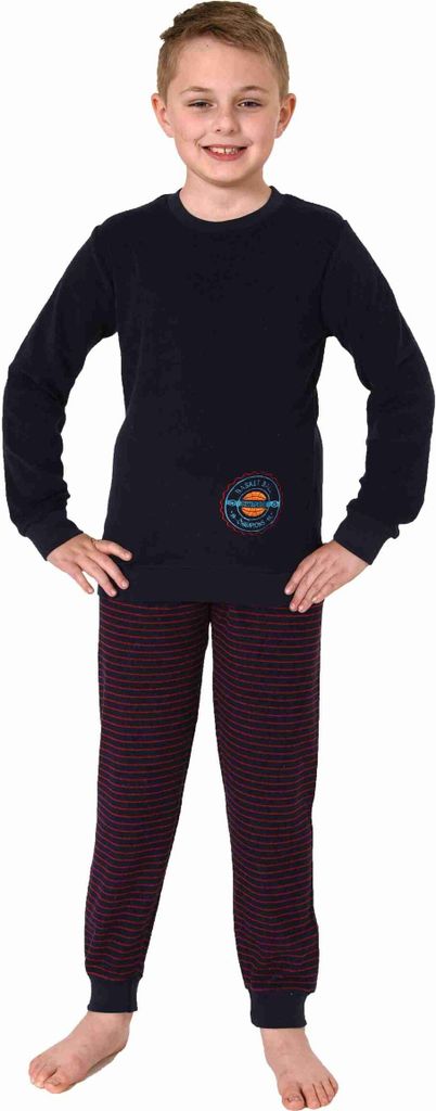 Kuscheliger Jungen langarm Frottee Schlafanzug Pyjama mit Bündchen ; rot1 , 164