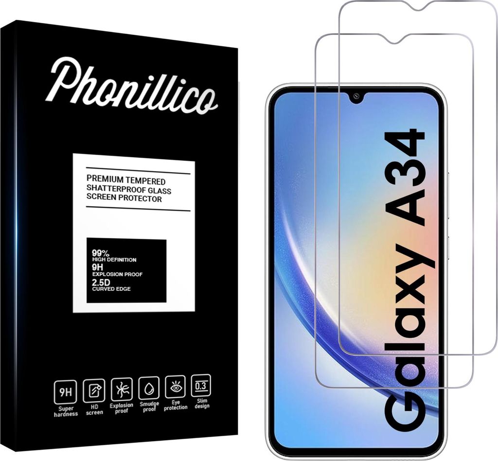 A product shot showing a box of screen protectors next to a smartphone displaying the screen protectors.