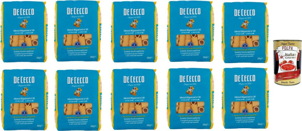 De Cecco Rigatoni N°26, 100% Italienisch Pasta Nudeln 10x 500g + Italian Gourmet Polpa 400g