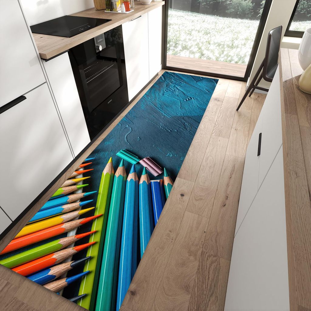 Küchenteppich 80x300cm rutschfest & abwischbar PVC Läufer - Buntstifte auf Holz