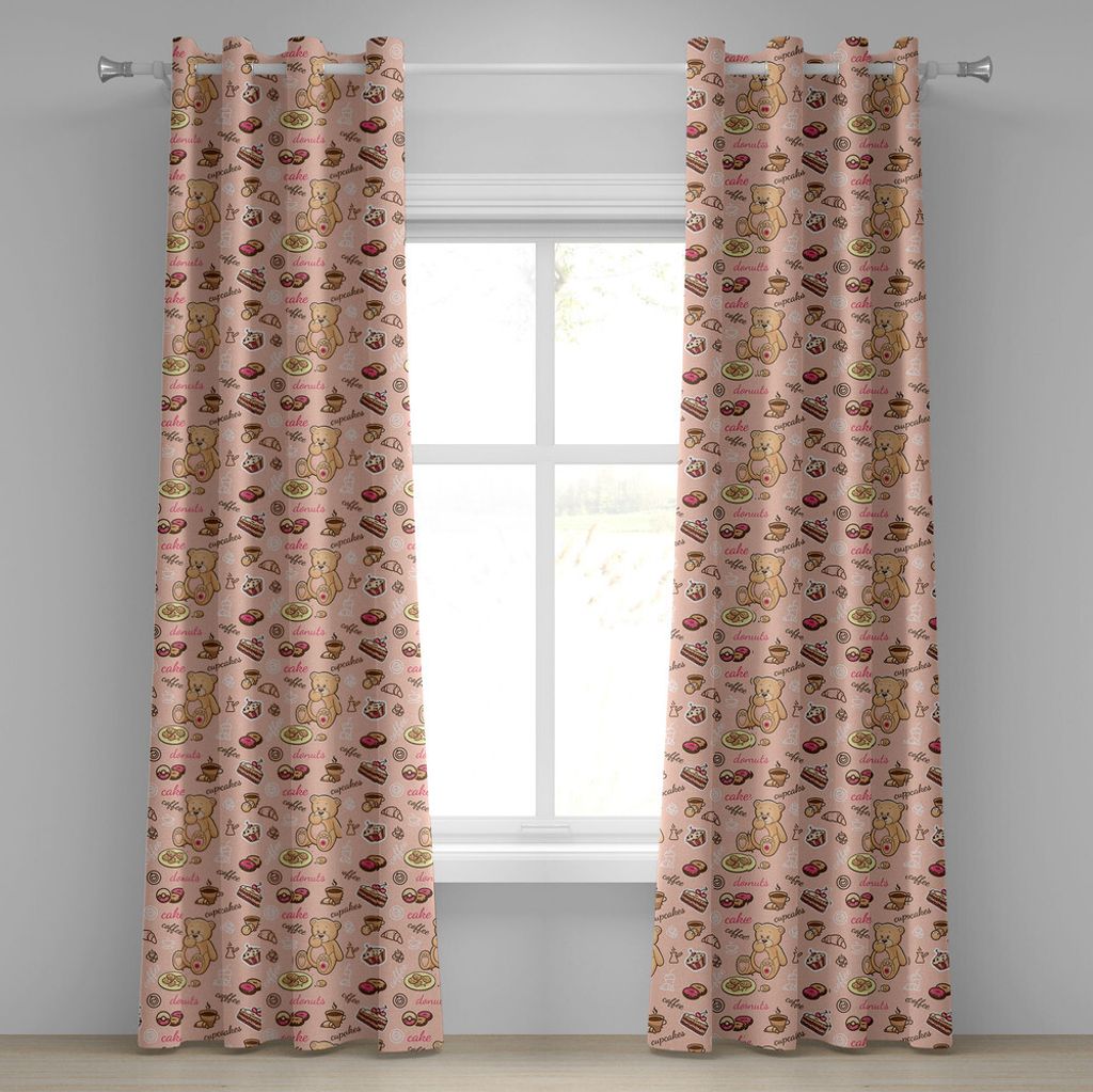 ABAKUHAUS Dessert Ösenvorhang, Teddybär mit Cupcakes Kekse Donuts Kuchen Cute Spielzimmer Cartoon Print, Dekorative 2-Panel-Fenstervorhänge, 280...