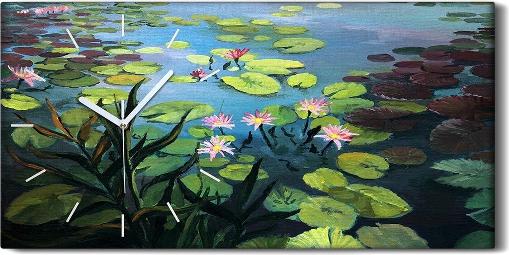 Wohnzimmer-Bild Leinwand Uhr 60x30 Gemälde Blätter See Blumen Wasser Kunst - weiße Hände