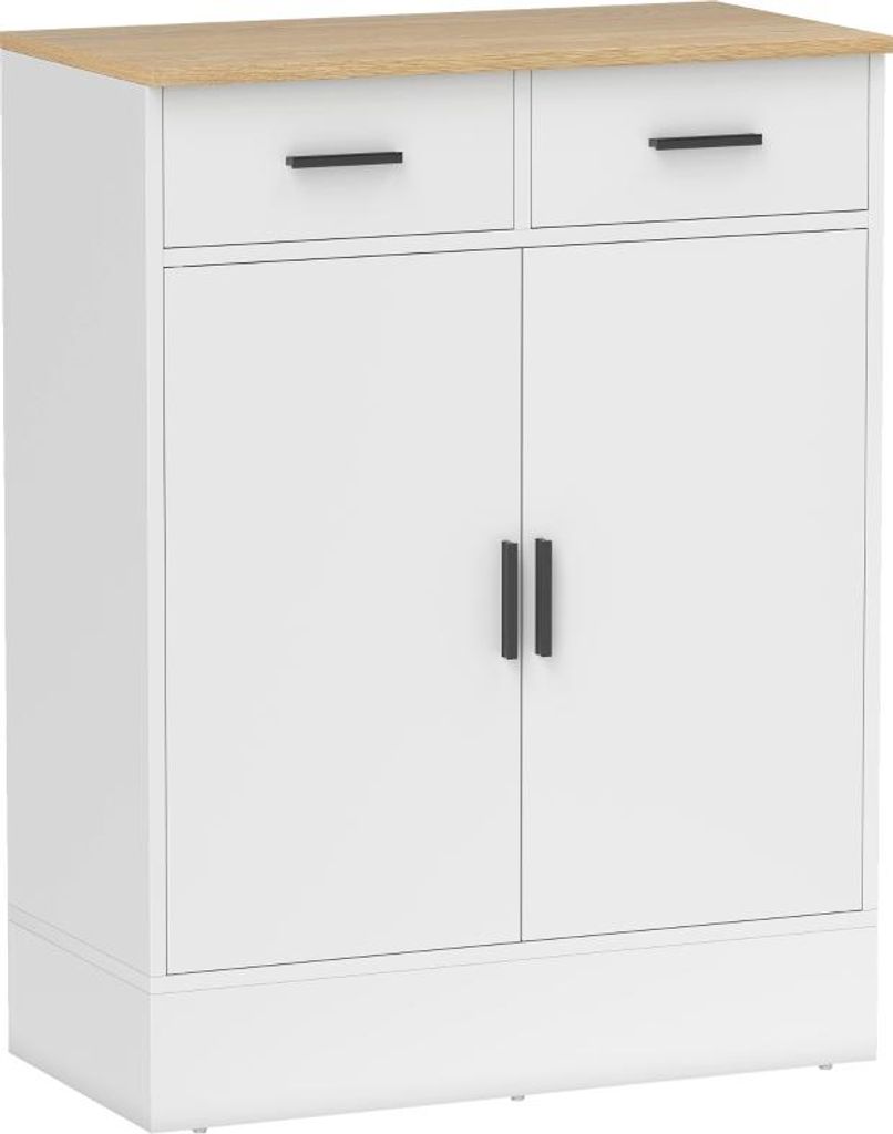 Sideboard mit Stauraum, Kommode mit 2 Schubladen und verstellbarem Einlegeboden, für Küche, Wohnzimmer, Eingangsbereich, Naturholz, weiß