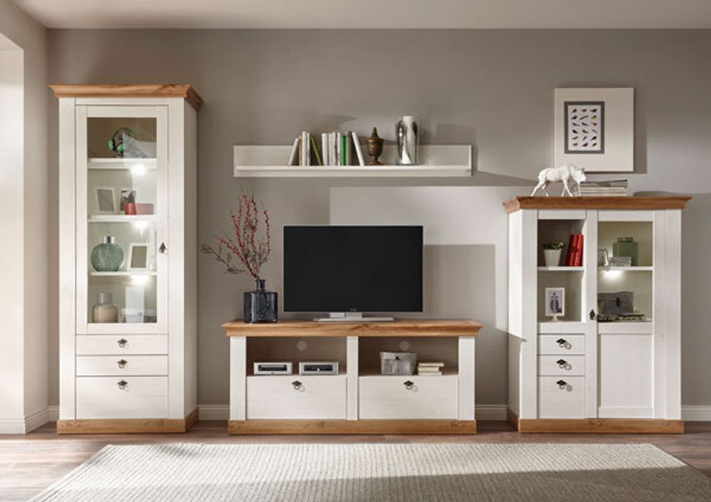 Landhaus Wohnwand 336cm pinie weiß / wotan eiche Anbauwand Highboard