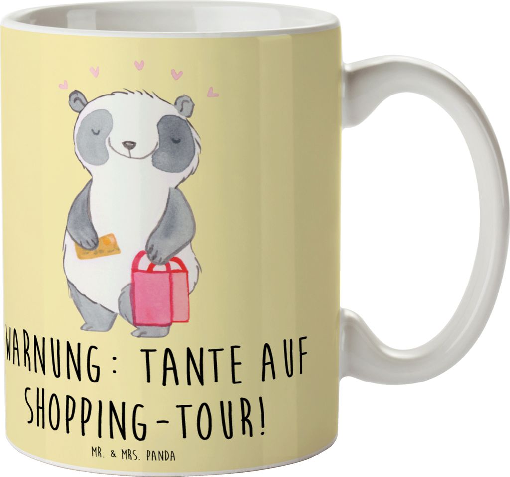 Mr. & Mrs. Panda Tasse Tante Shopping - Gelb Pastell - Geschenk, Becher, Kaffeetasse, Kaffeepott, Jubiläen, Trinkbecher, Humor, Pott, Liebe, Leide...