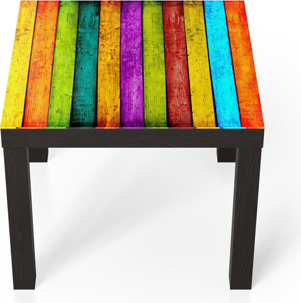 DEQORI Couchtisch 55x55 cm Schwarz 'Farbige Bretterwand' Glas Beistelltisch