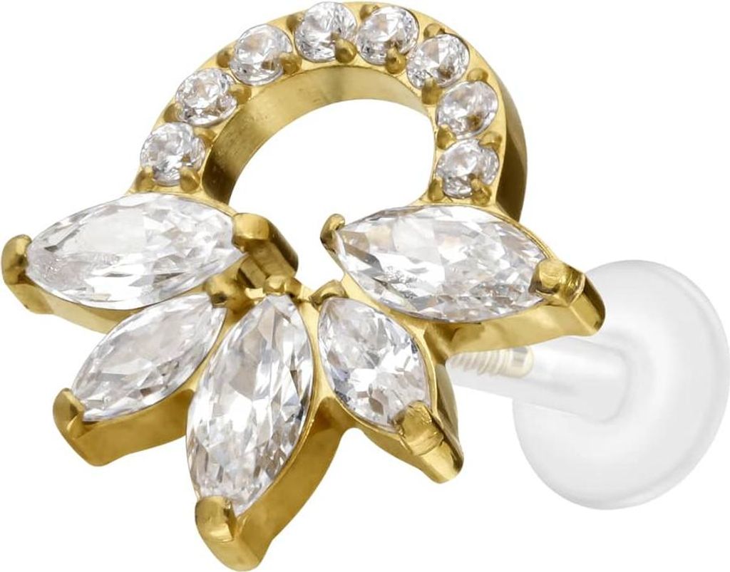Ohrpiercing, Nasenpiercing PTFE Labret mit Innengewinde + Titan-Aufsatz KRISTALLRASSEL Gold Stablänge: 6mm | Stabstärke: 1,2mm