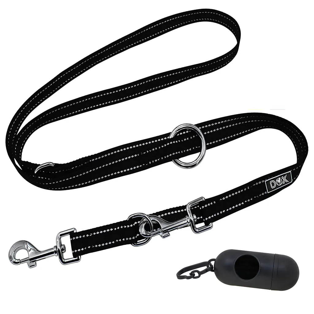 Laisse pour Chien en Nylon Noir Réglable 2m avec Bandes Réfléchissantes